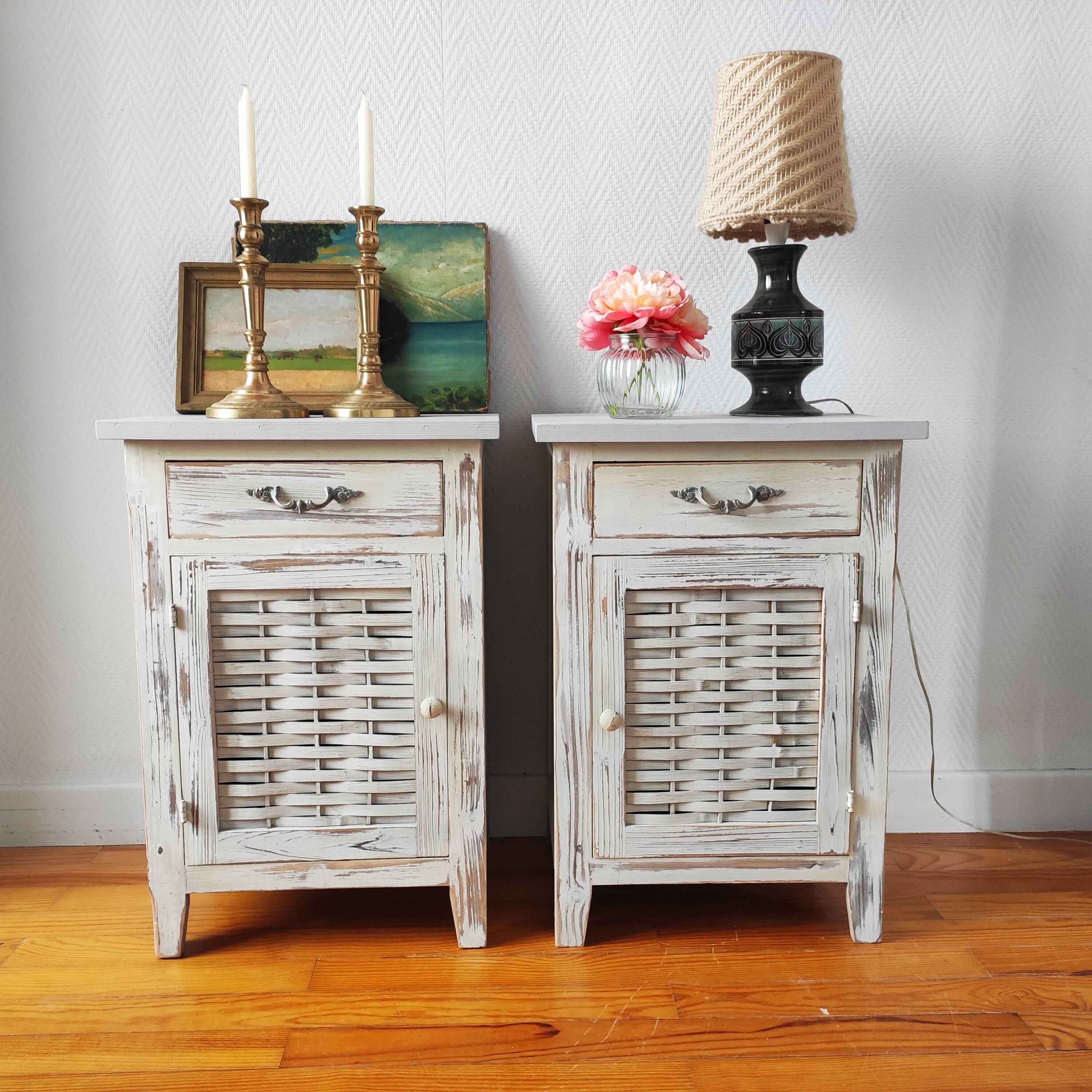 Pair of patinated bedside tables and end tables