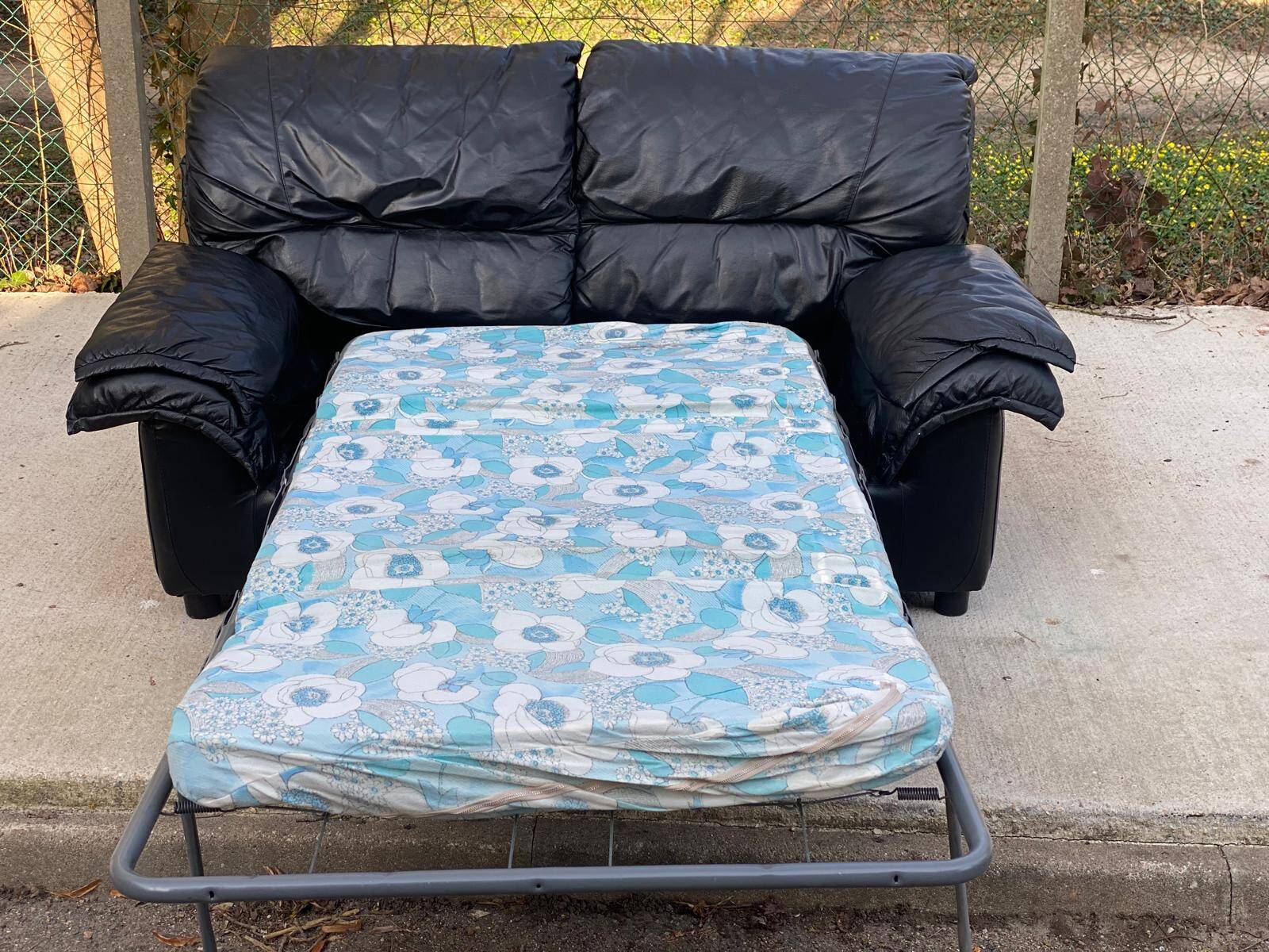 2 seater black leather convertible sofa 150cm