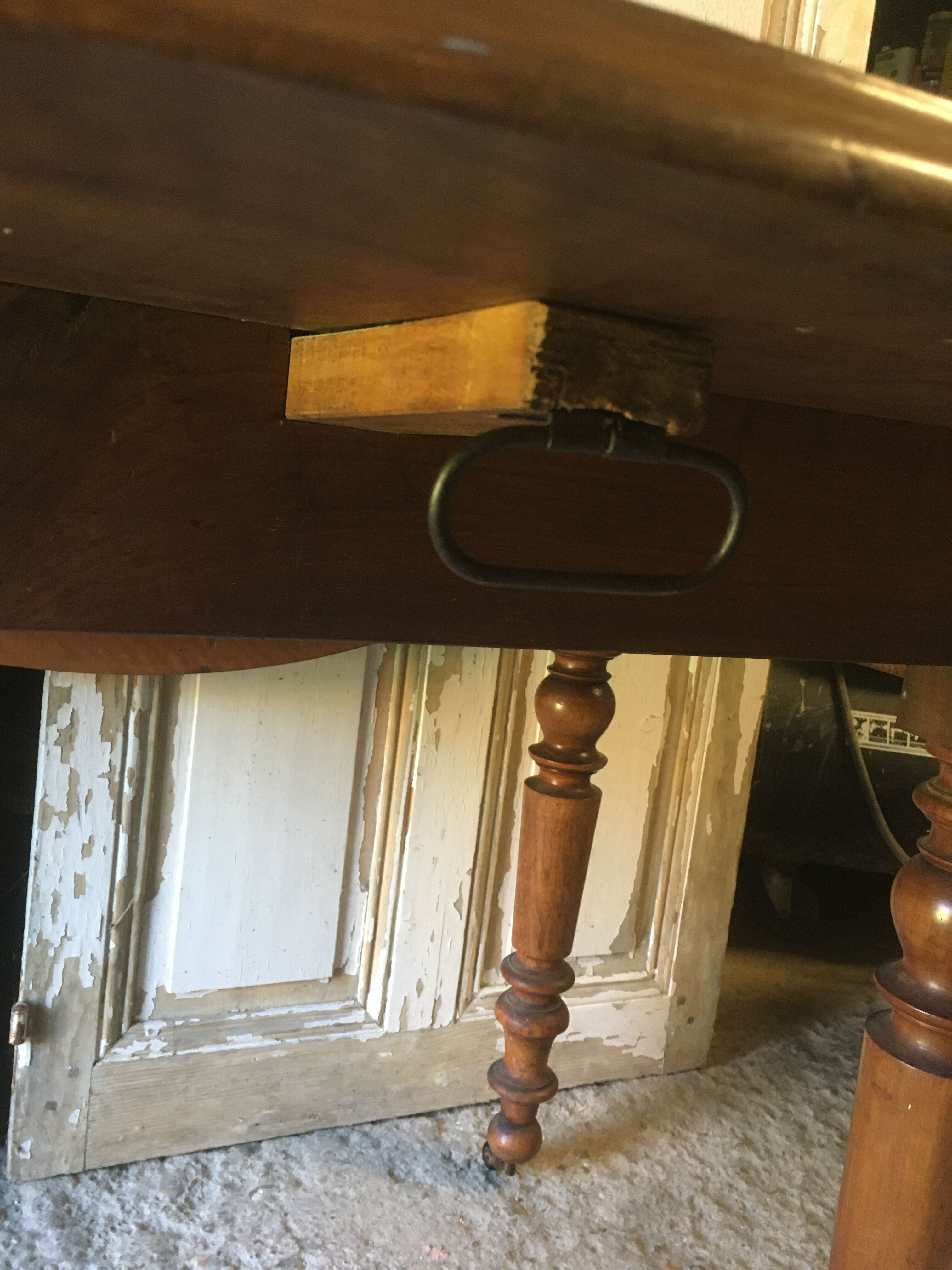 Walnut shutter table with drawer on wheels