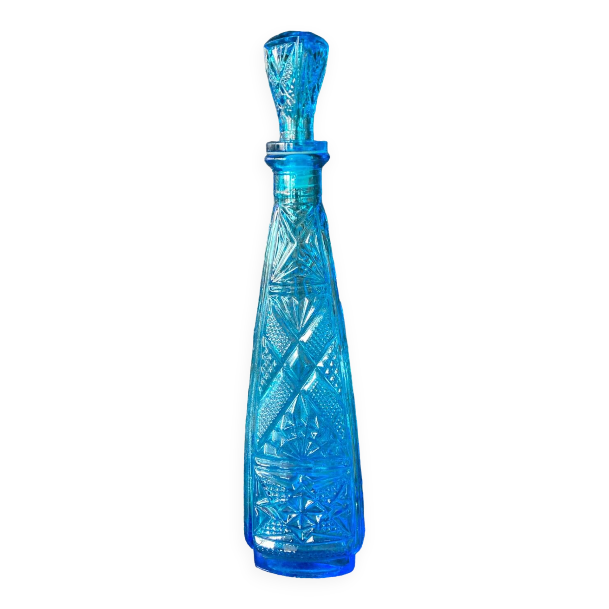 Blue chiseled glass bottle