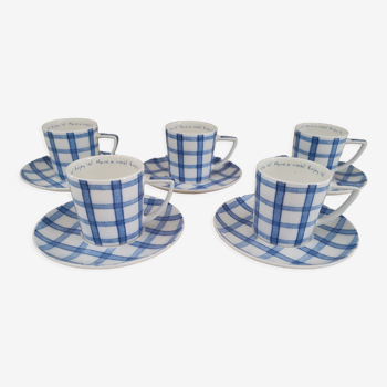 Lot de 5 tasses à expresso et sous-tasses en porcelaine Leoni by Sia décor torchon à carreaux bleus