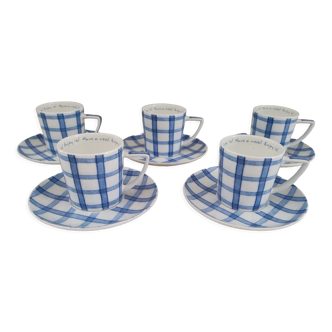 Set of 5 espresso cups and porcelain sub-cups Leoni by Sia décor blue checkered tea towel