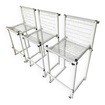 Set de 3 tabourets de comptoir modernistes italiens, acier laqué blanc 1970