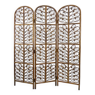 Peacock vintage rattan screen with 3 shutters. 70s