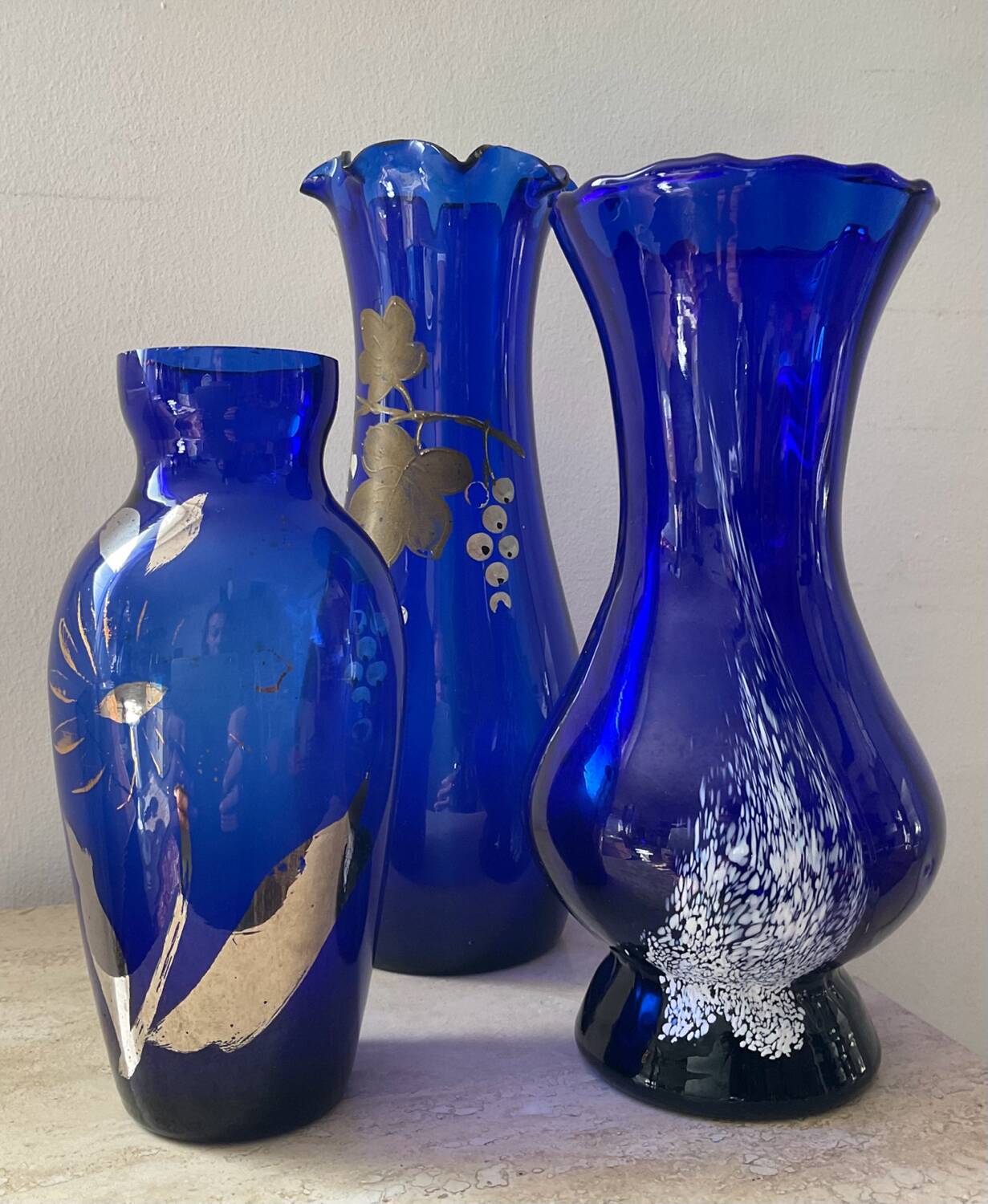 Trio of cobalt blue Art Deco vases