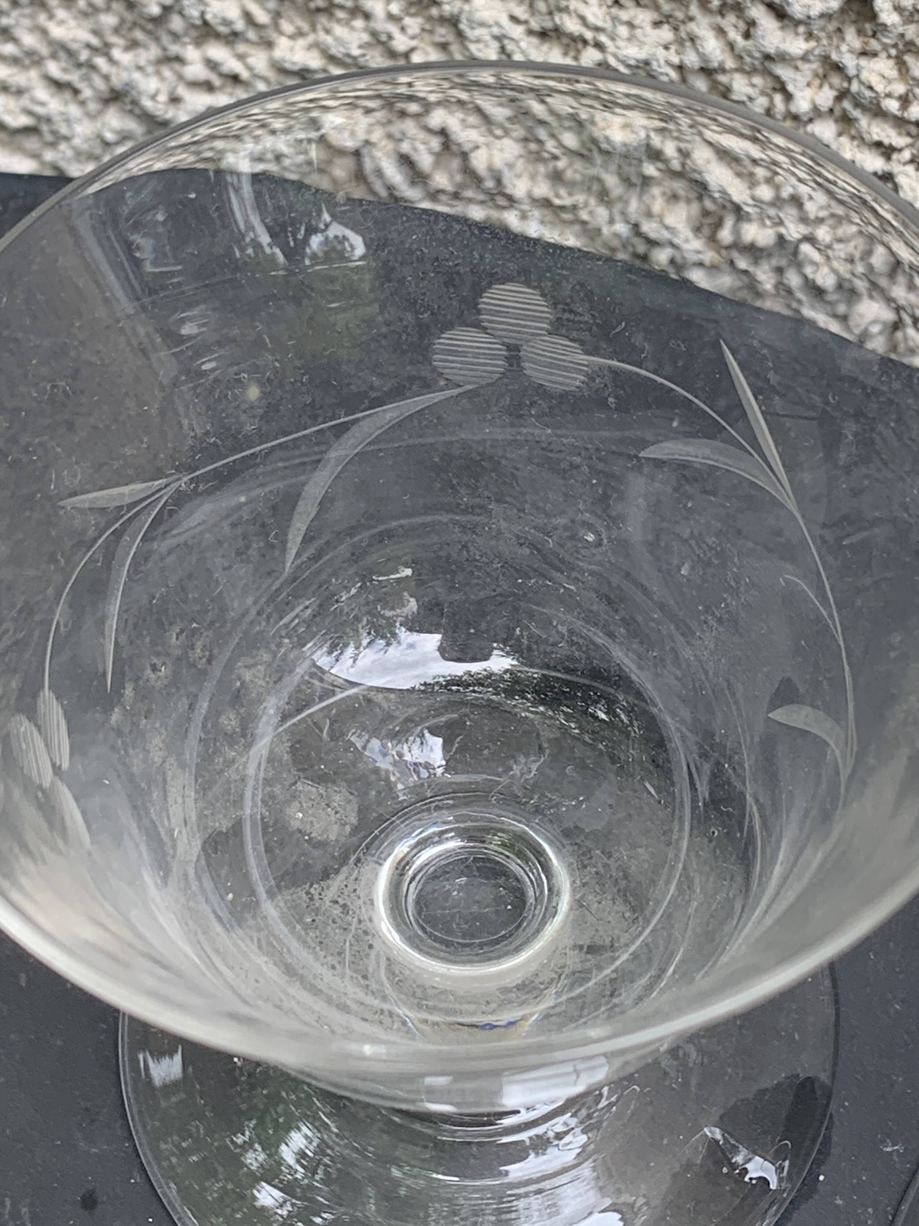 6 antique champagne glasses, chiseled floral motif, collector's item