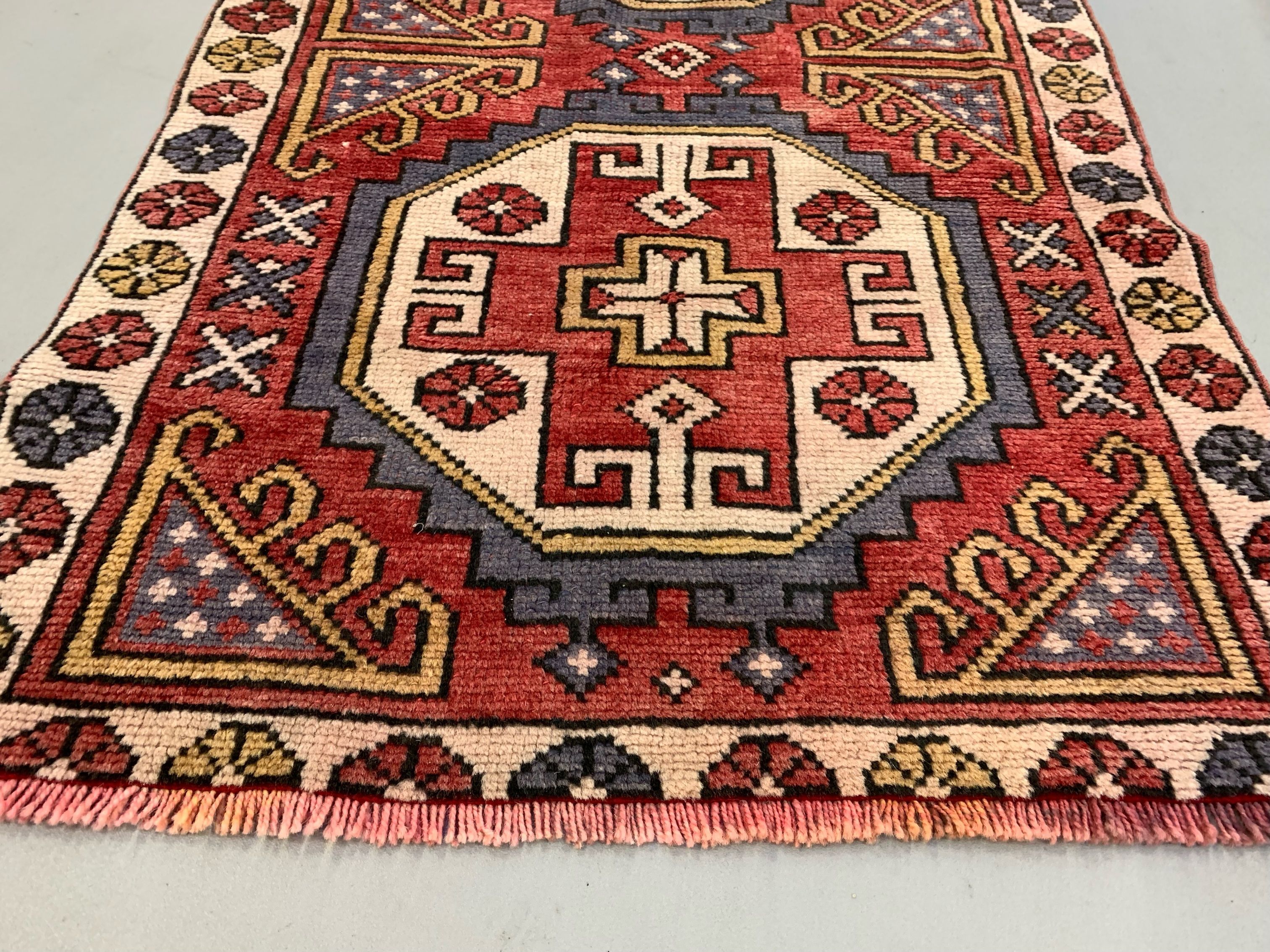 Vintage turkish runner 235x80 cm kazak rug, terracotta red, beige blue