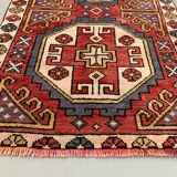 Vintage turkish runner 235x80 cm kazak rug, terracotta red, beige blue