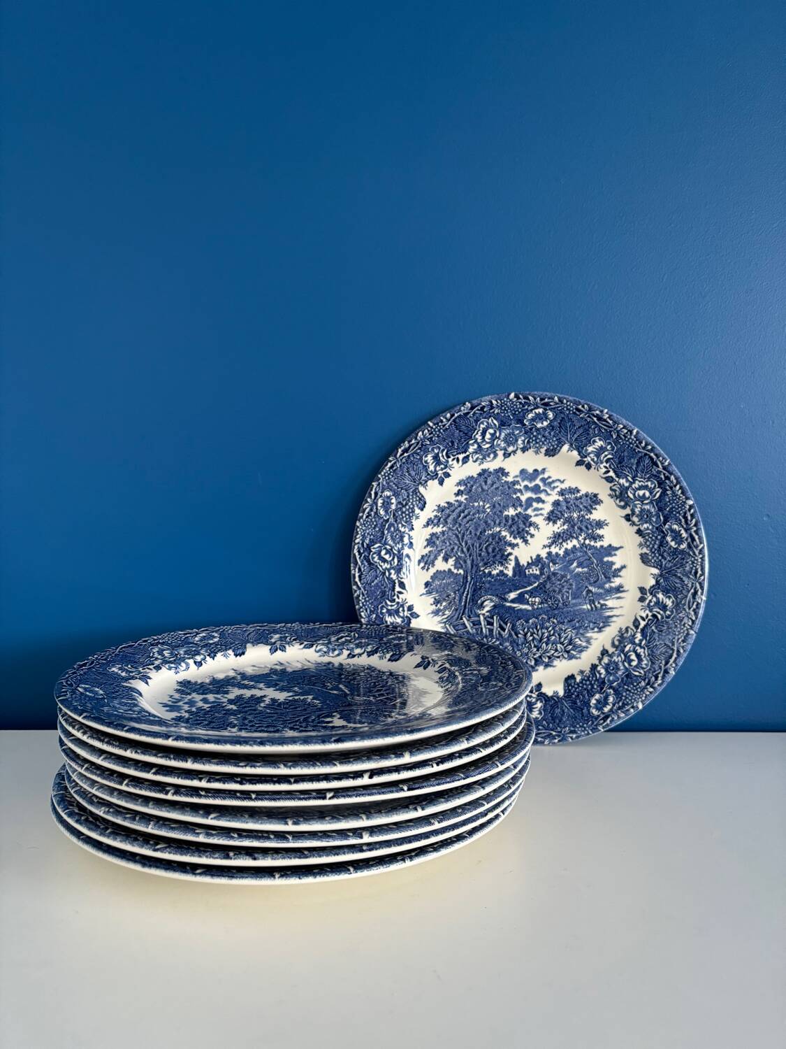 9-piece service of English plates with blue and white country decor