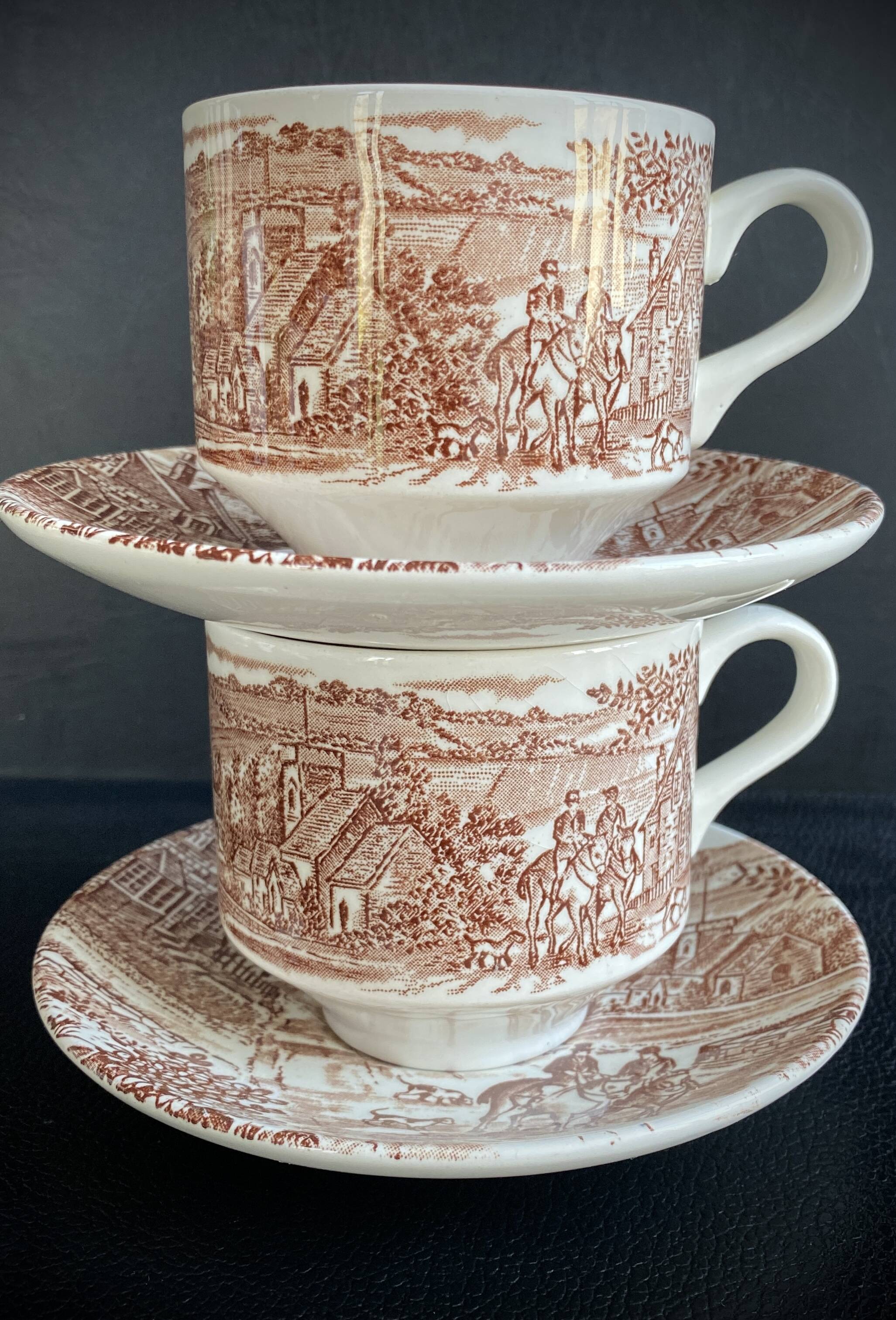 Duo of English Cups & Saucers Broadhurst Ironstone - Hunting Scene