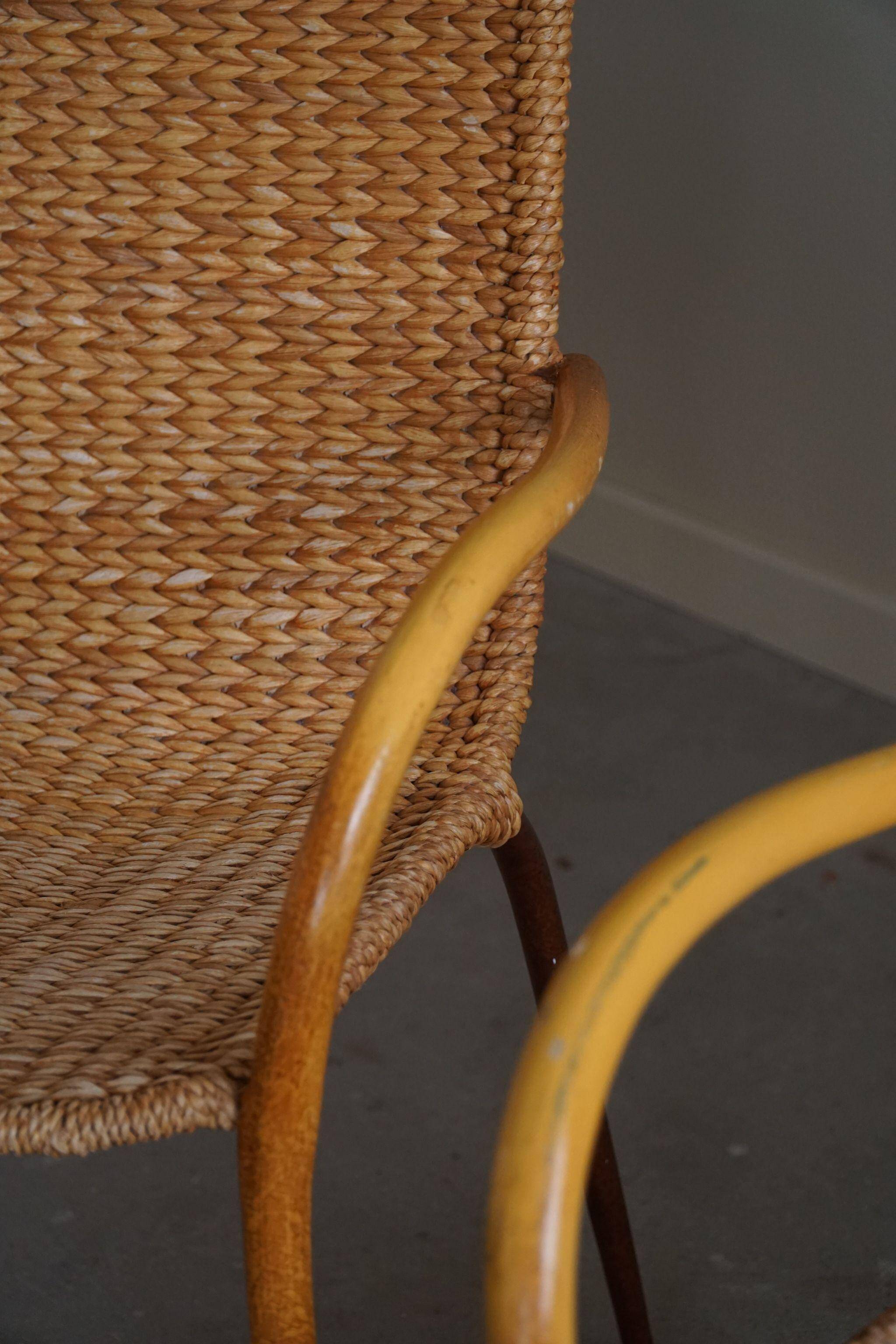 Set of 4 vintage Italian wicker and birch armchairs, mid-century modern, 1950.