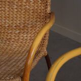 Set of 4 vintage Italian wicker and birch armchairs, mid-century modern, 1950.