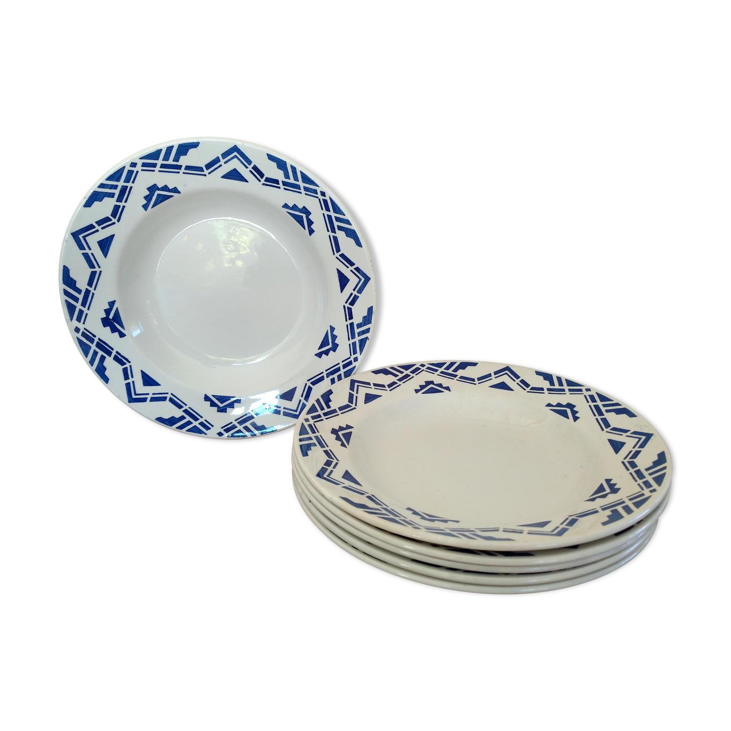Ensemble 6 assiettes creuses Moulin des Loups motif graphique bleu