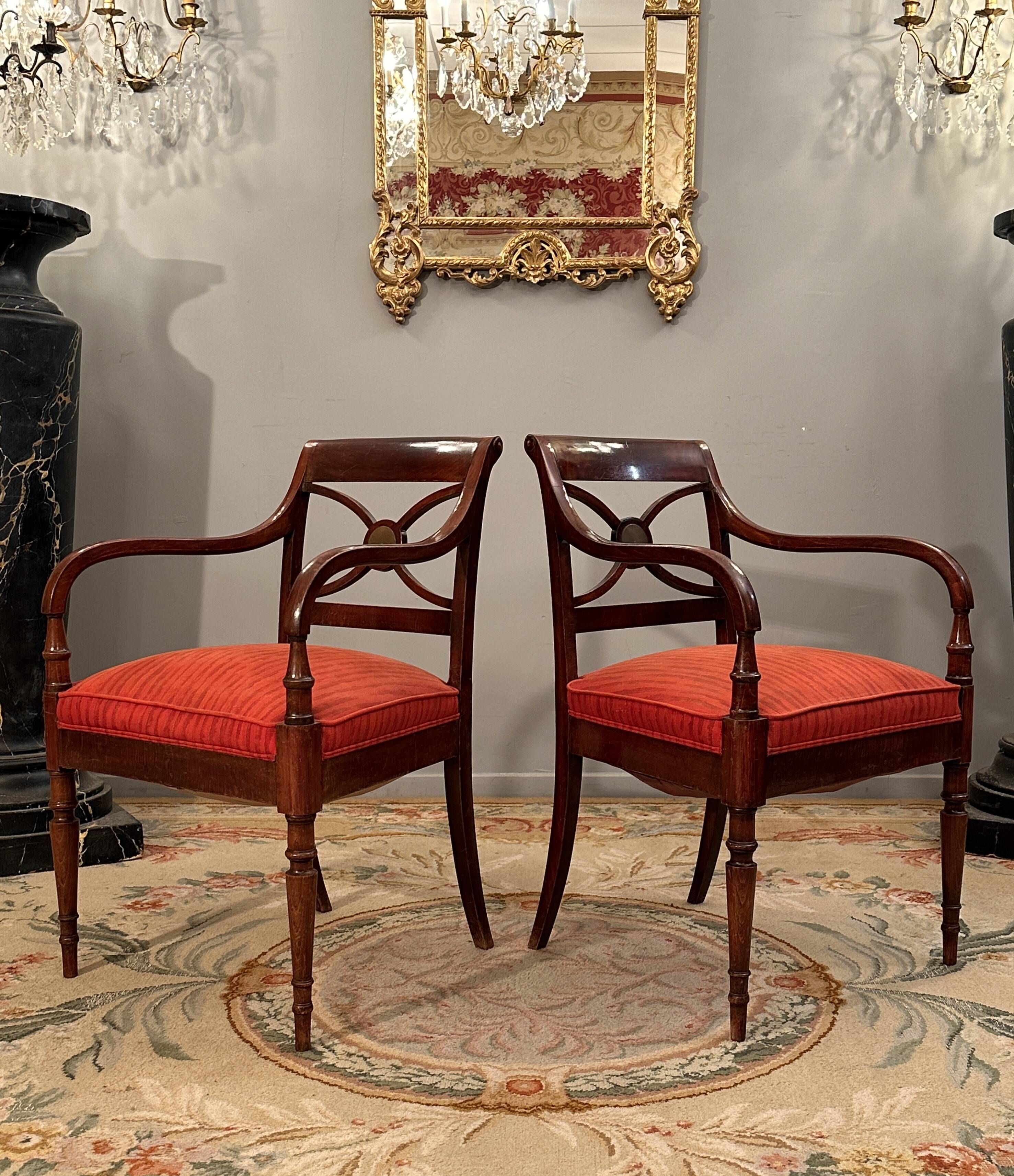 Maurice Hirch, Pair Of Stamped Mahogany Armchairs, 20th Century
