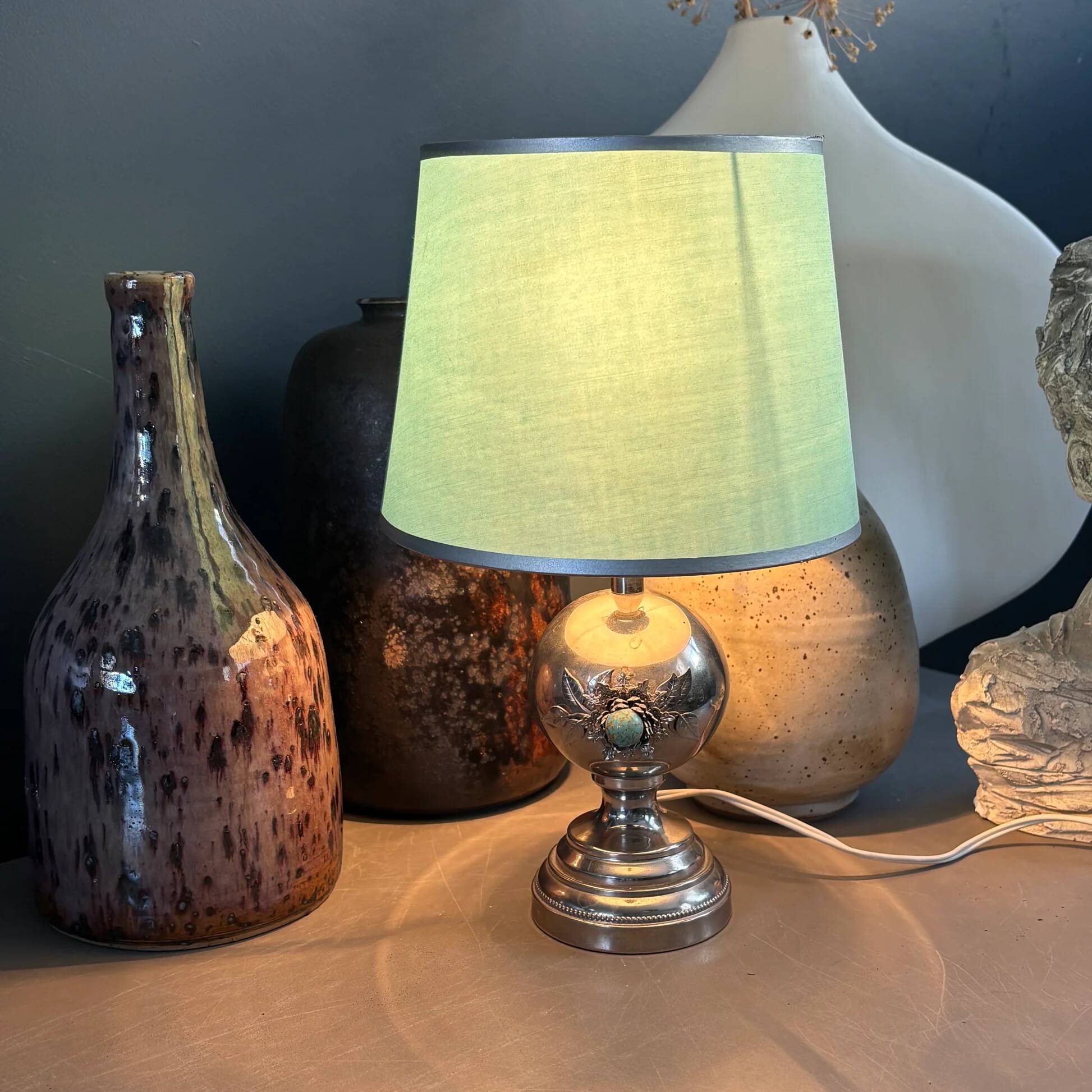 Chrome and turquoise metal table lamp