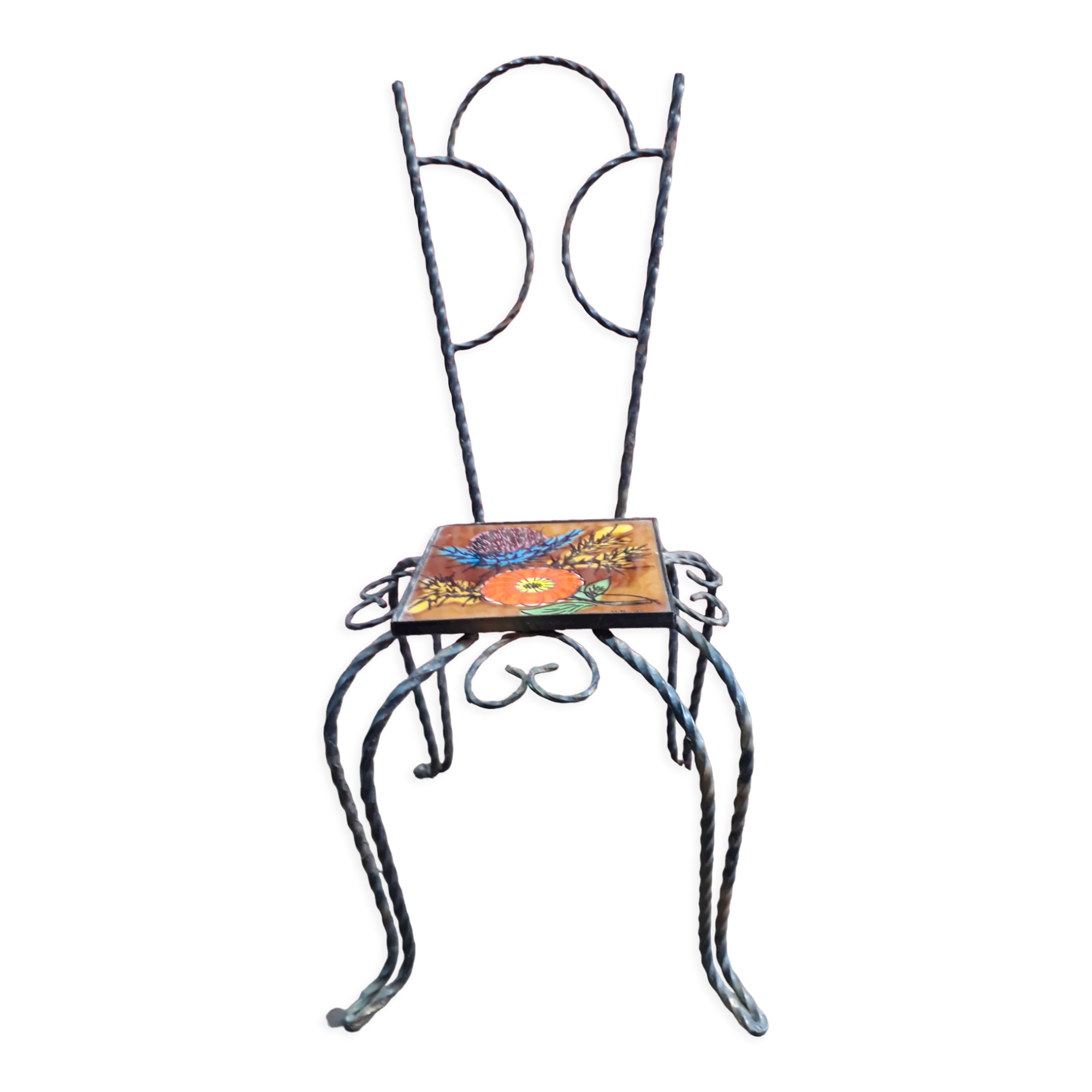 Chaise en fer forgé avec plaque émaillée signée Vallauris