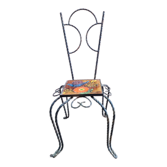 Wrought iron chair with enamelled plate signed Vallauris