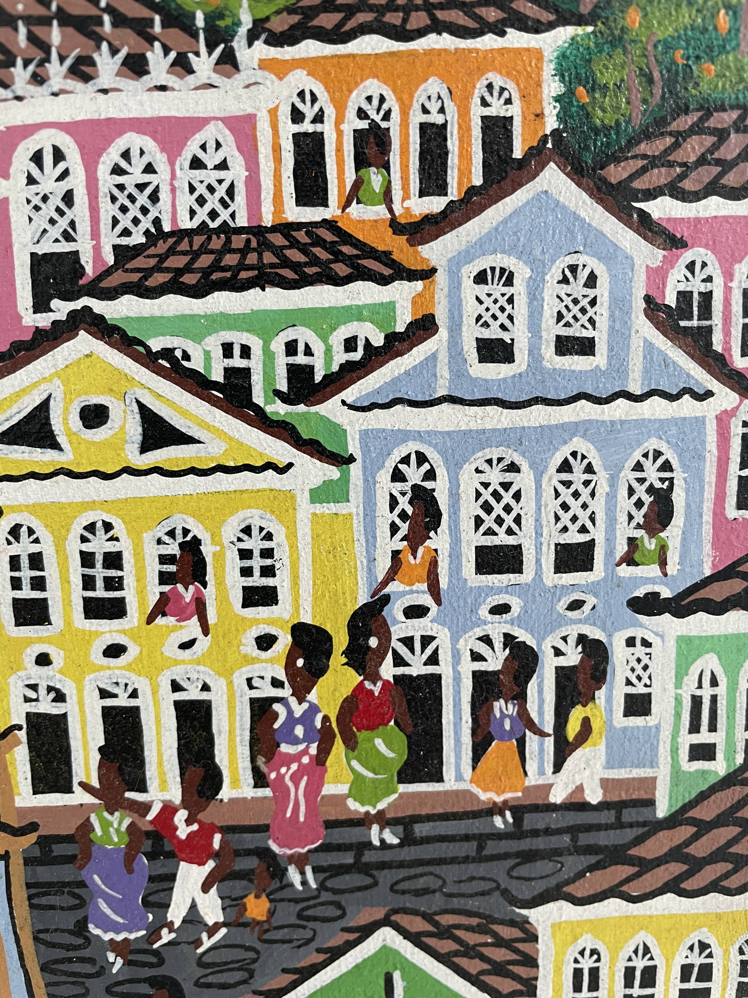 Acrylic painting, naive art, street scene Brazil, colorful colonial houses, sea, sailing boats