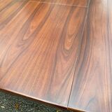 Scandinavian dining table and 4 Hans Olsen style chairs in teak and velvet.