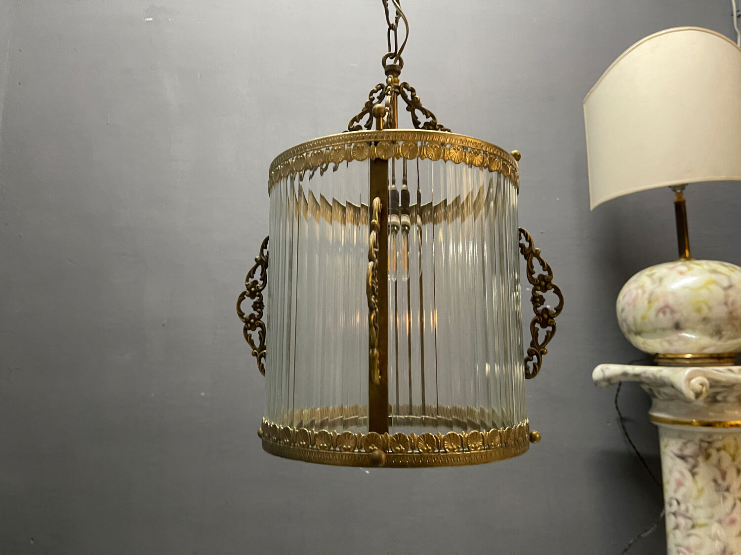 Brass Ribbed Glass Light Pendant 1950’s