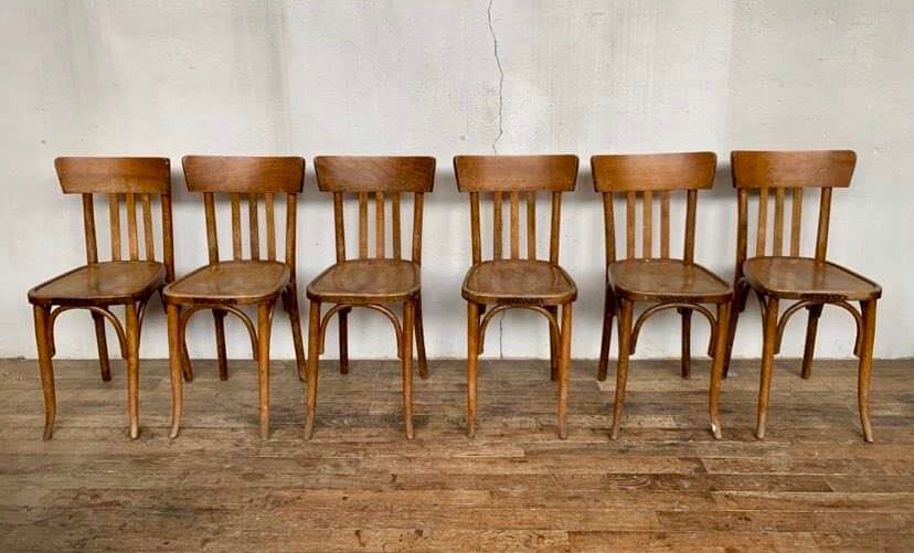 Series of 6 old light wood bistro chairs