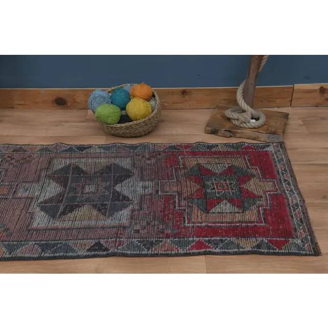 1970s Vintage Turkish Handmade Wool & Cotton Purple Runner Rug 91X359