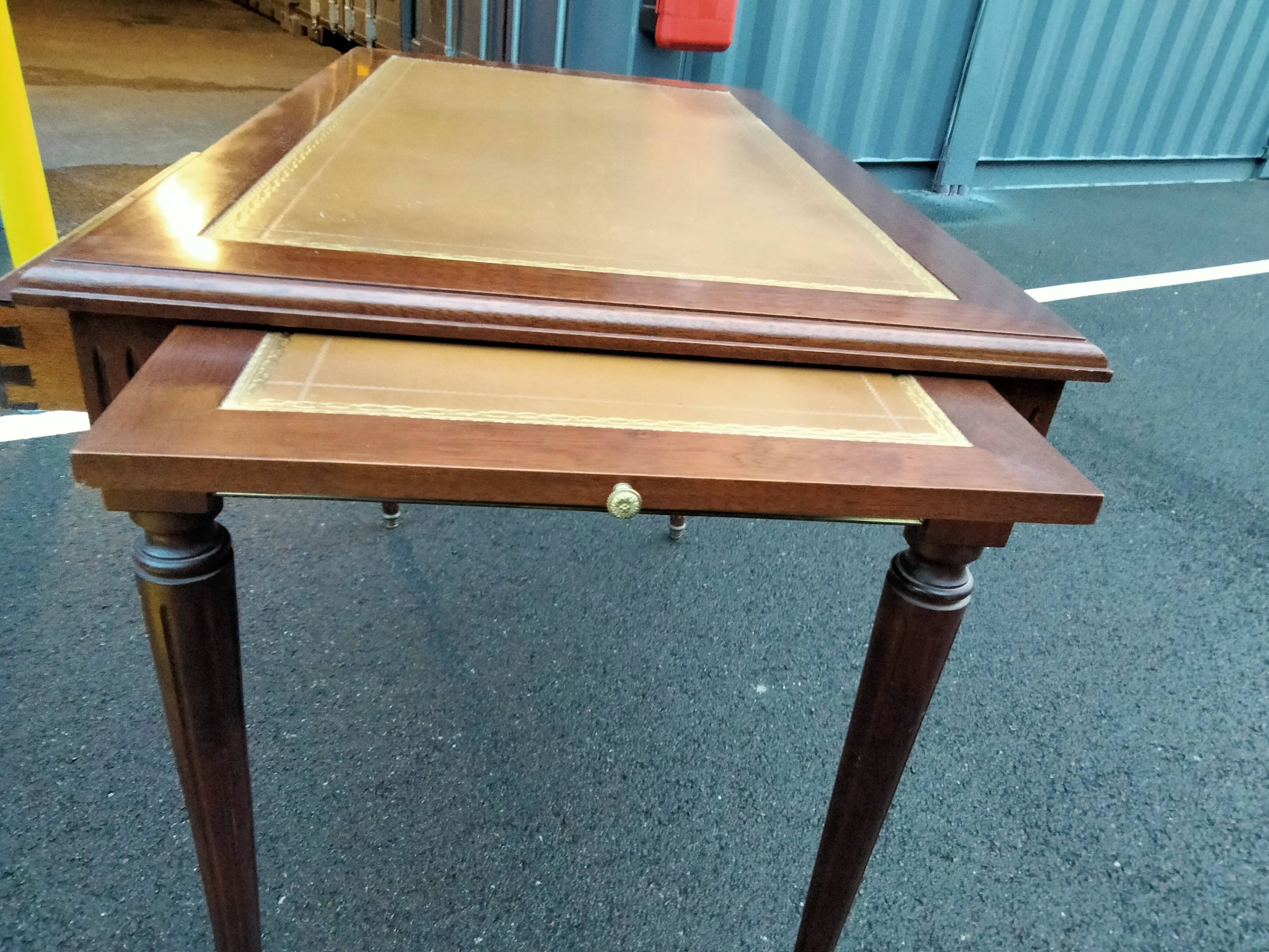 Old style flat desk louis xvi leather tray with 2 pulls