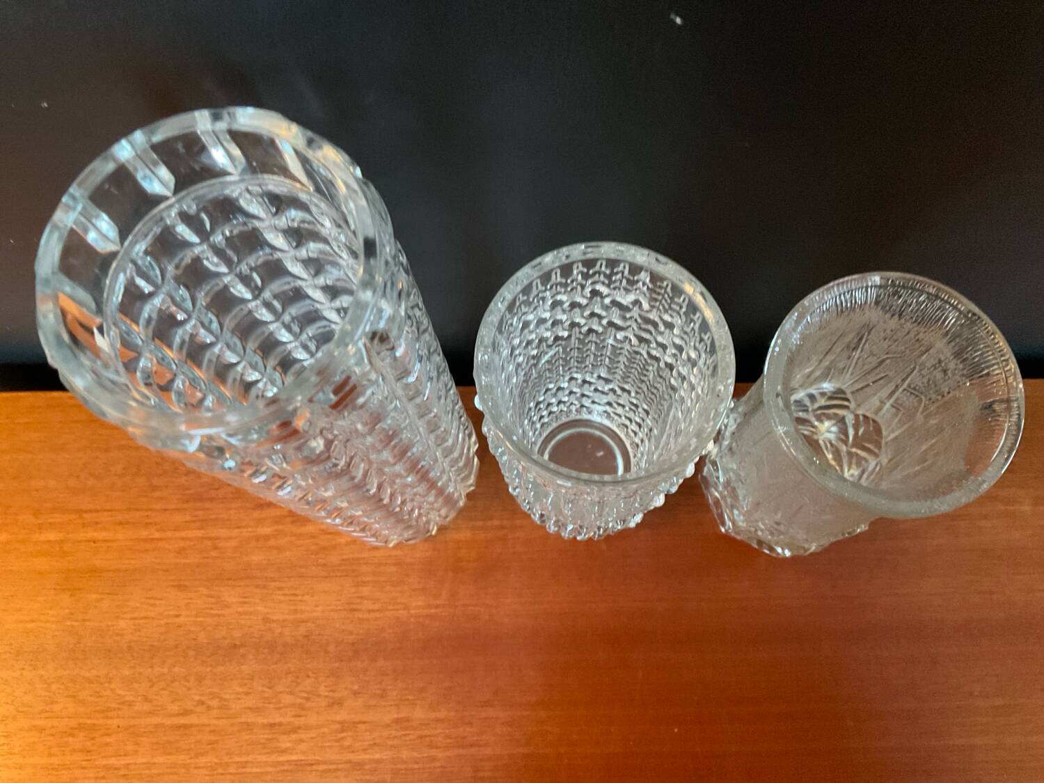 Vintage trio of moulded glass roll vases