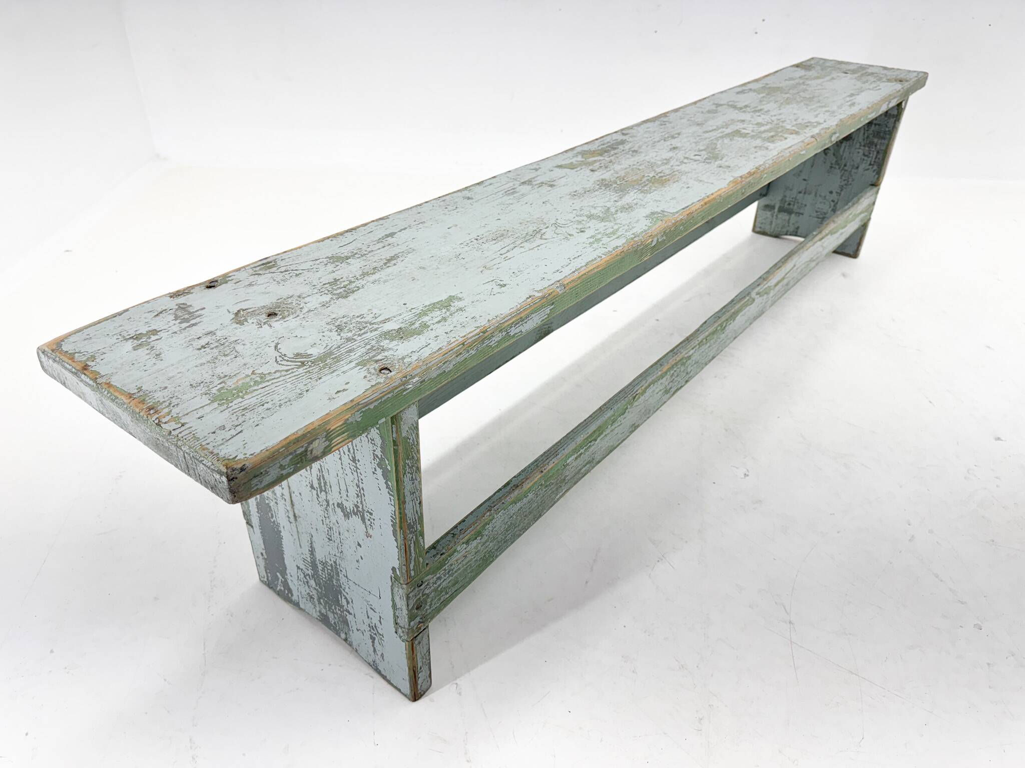 Vintage Industrial All-wood Bench, Original Paint, 1950's