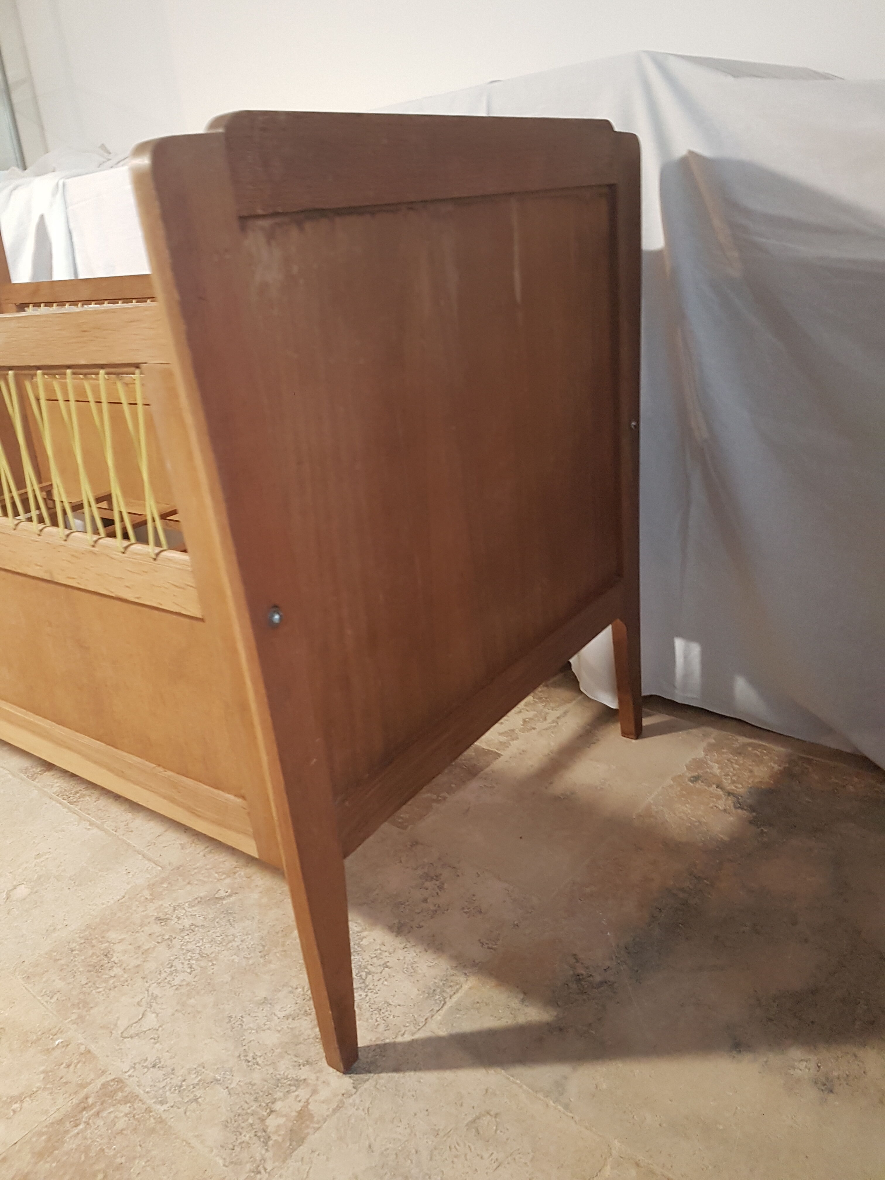 Children's bed made of wood and yellow scoubidou, 1950s.