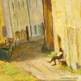 Biedermeier painting of a European alpine village, late 19th century.