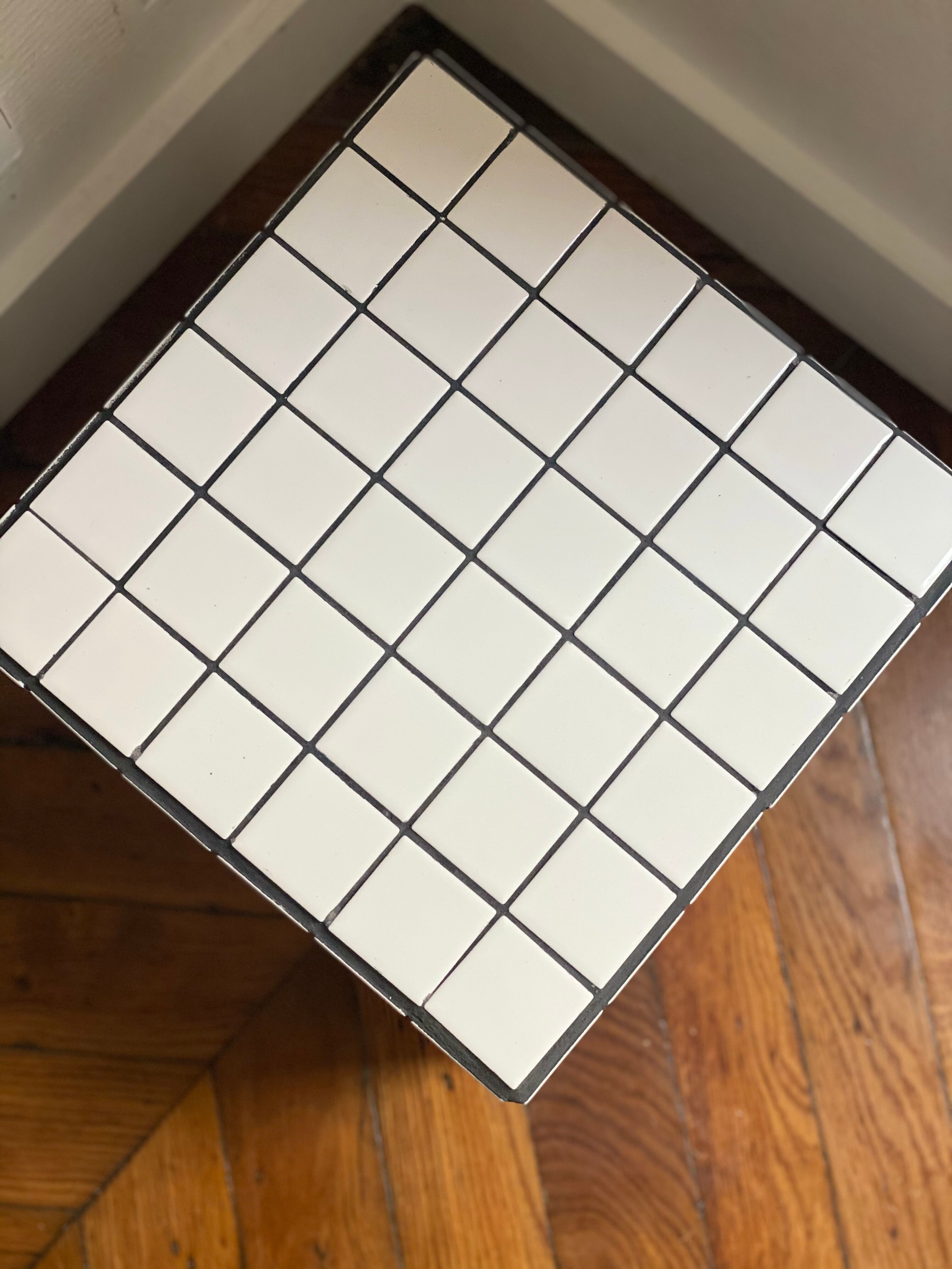 Checkerboard cube bedside table tiled white retro black tile