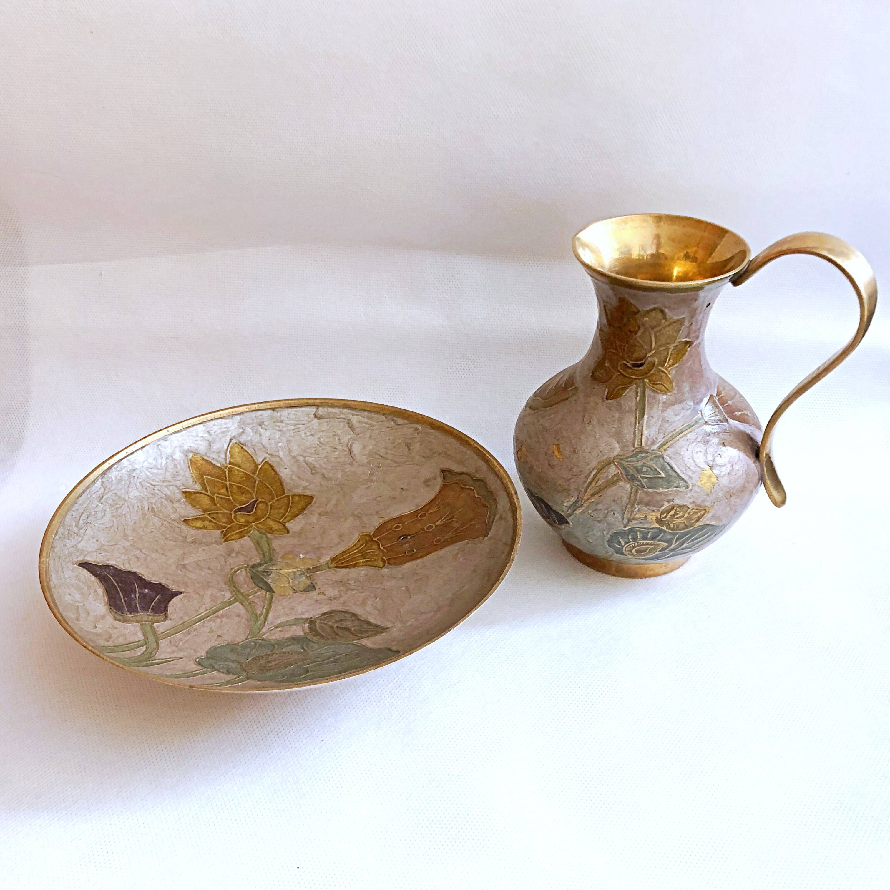 Enamelled brass carafe and cup set