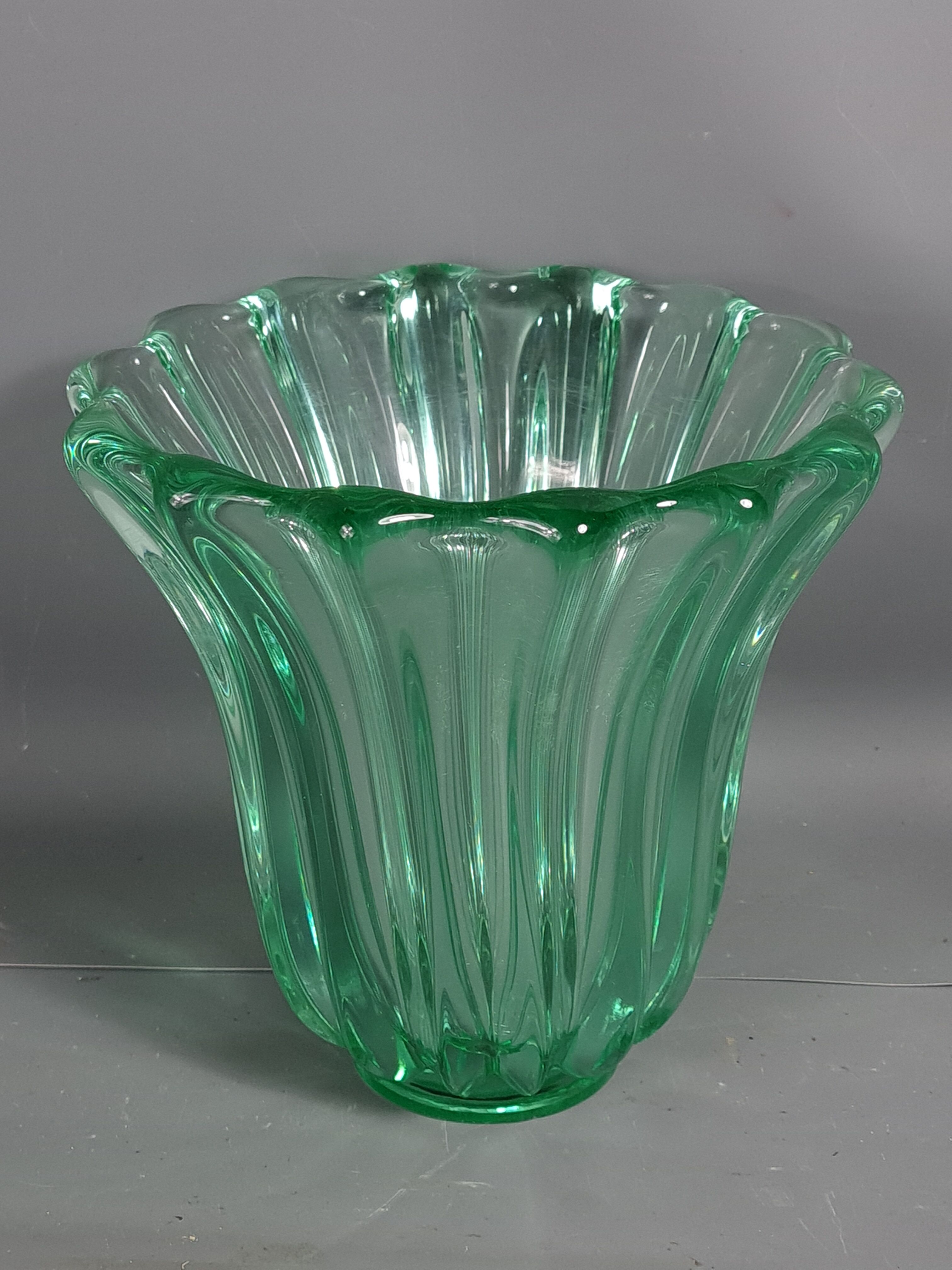 Molded pressed glass vase by Pierre D'Avesn around 1930. Signed