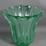 Molded pressed glass vase by Pierre D'Avesn around 1930. Signed