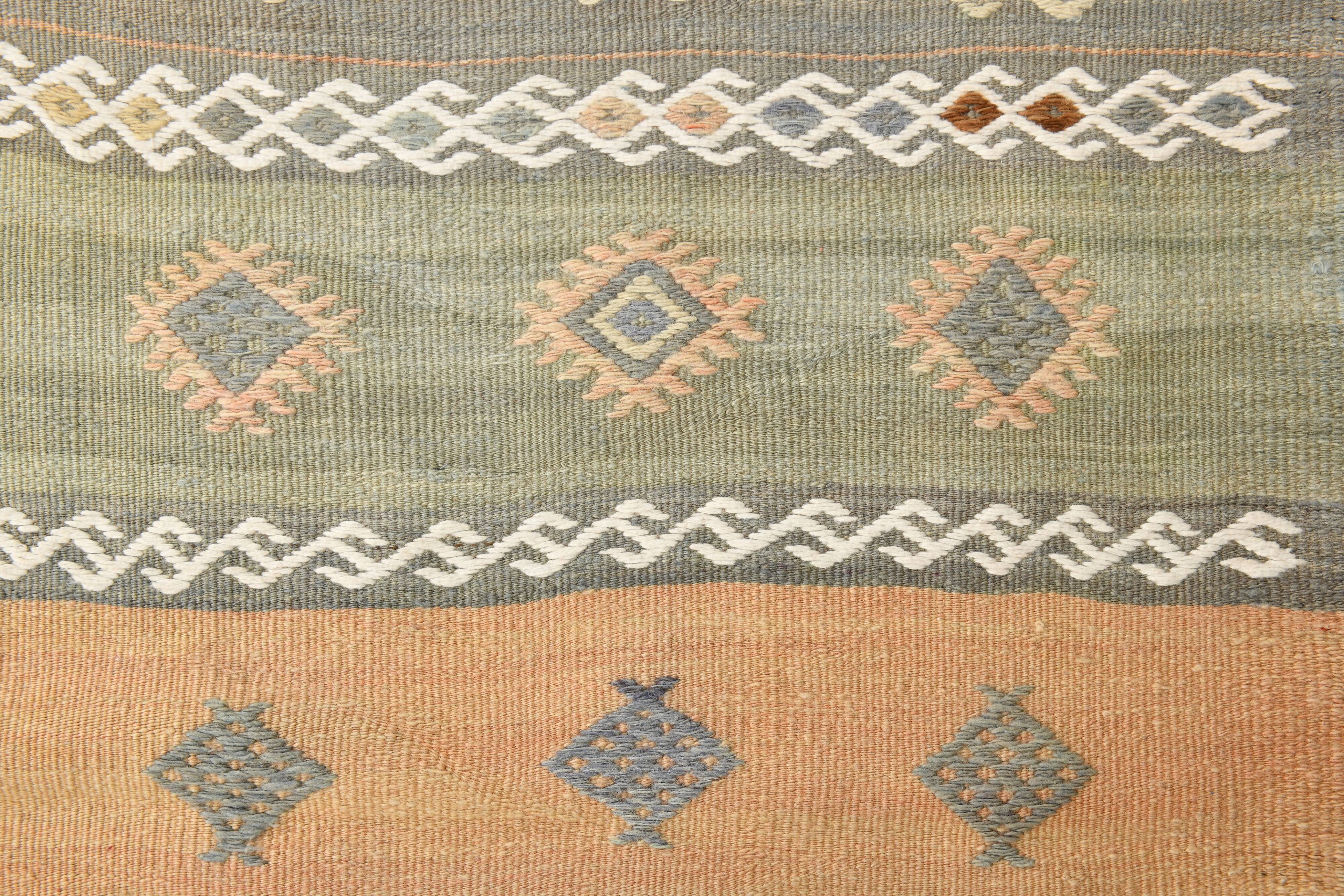 Tapis Kilim vert et crème 2x6, 63x180 cm