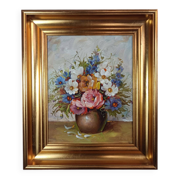 Still life with flowers, E.H. Hansen, vintage Danish oil painting.