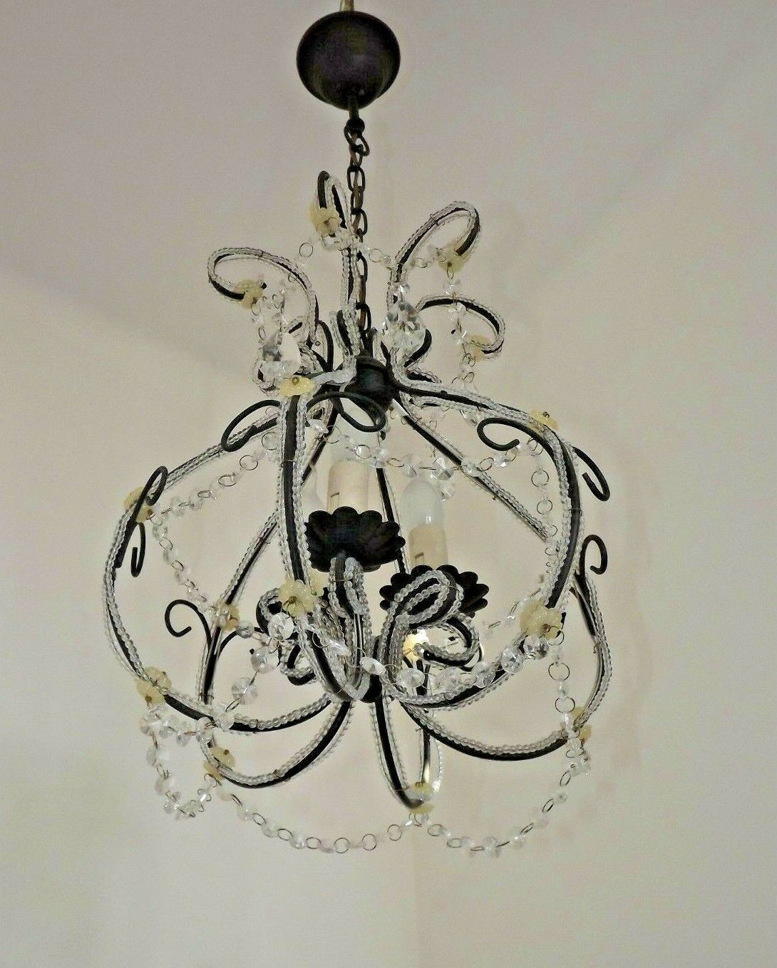French Parisian Chic Black 3 Light Crystal Beaded 6 Sided Cage Chandelier 3620