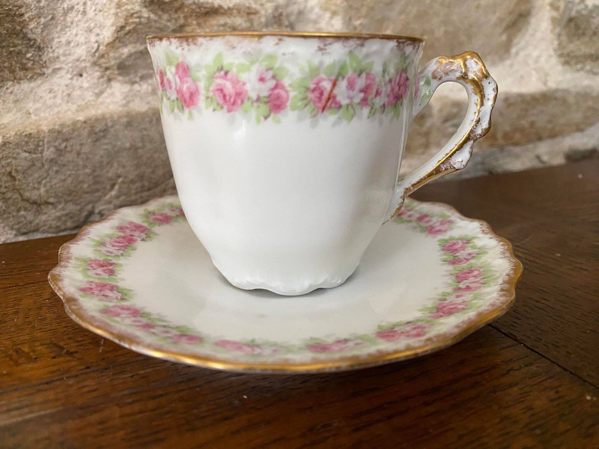 Cup and saucer Limoge porcelain decoration frieze of roses