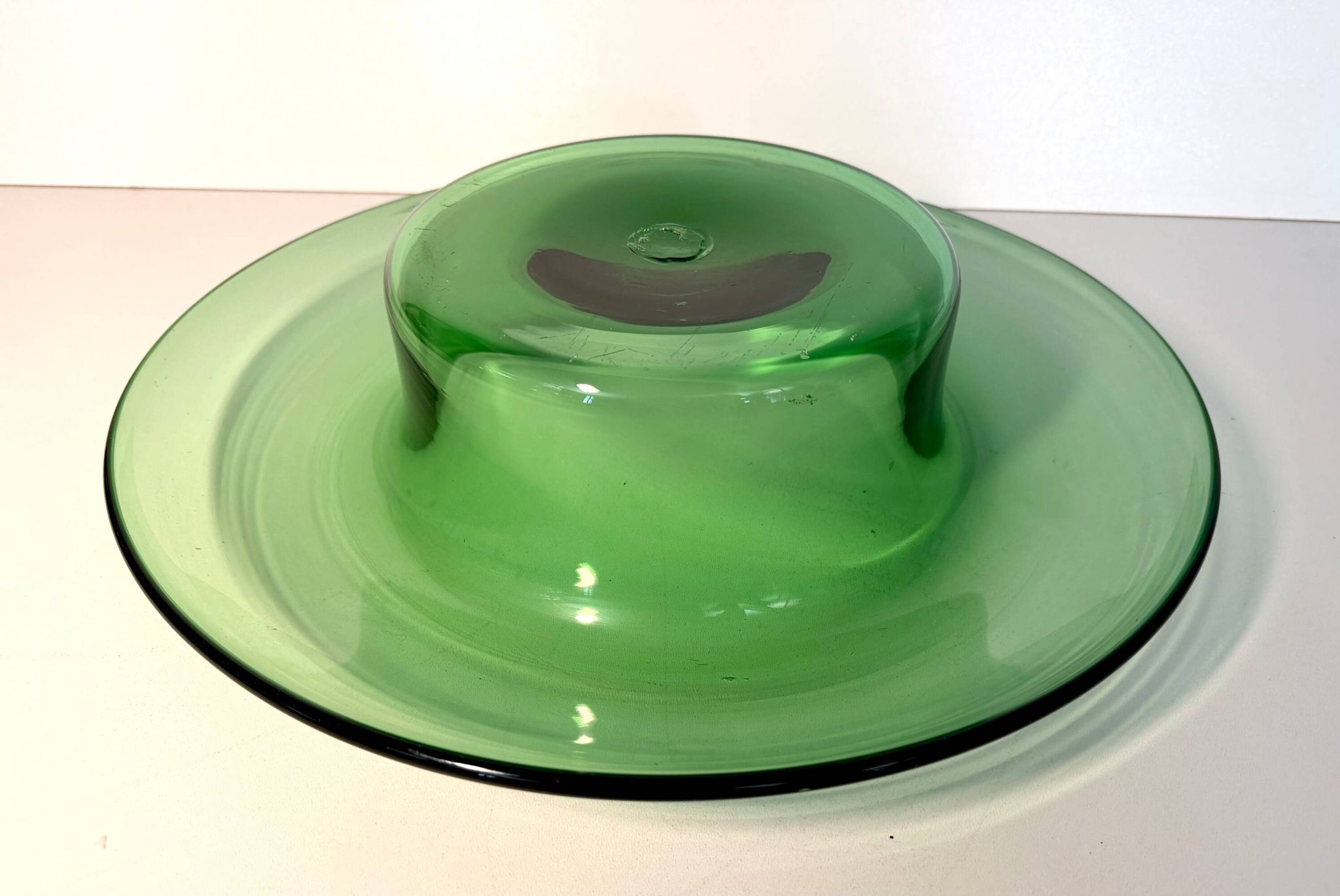 Vintage Hand Blown Green Glass Centerpiece Bowl, Empoli, Italy, 1970s