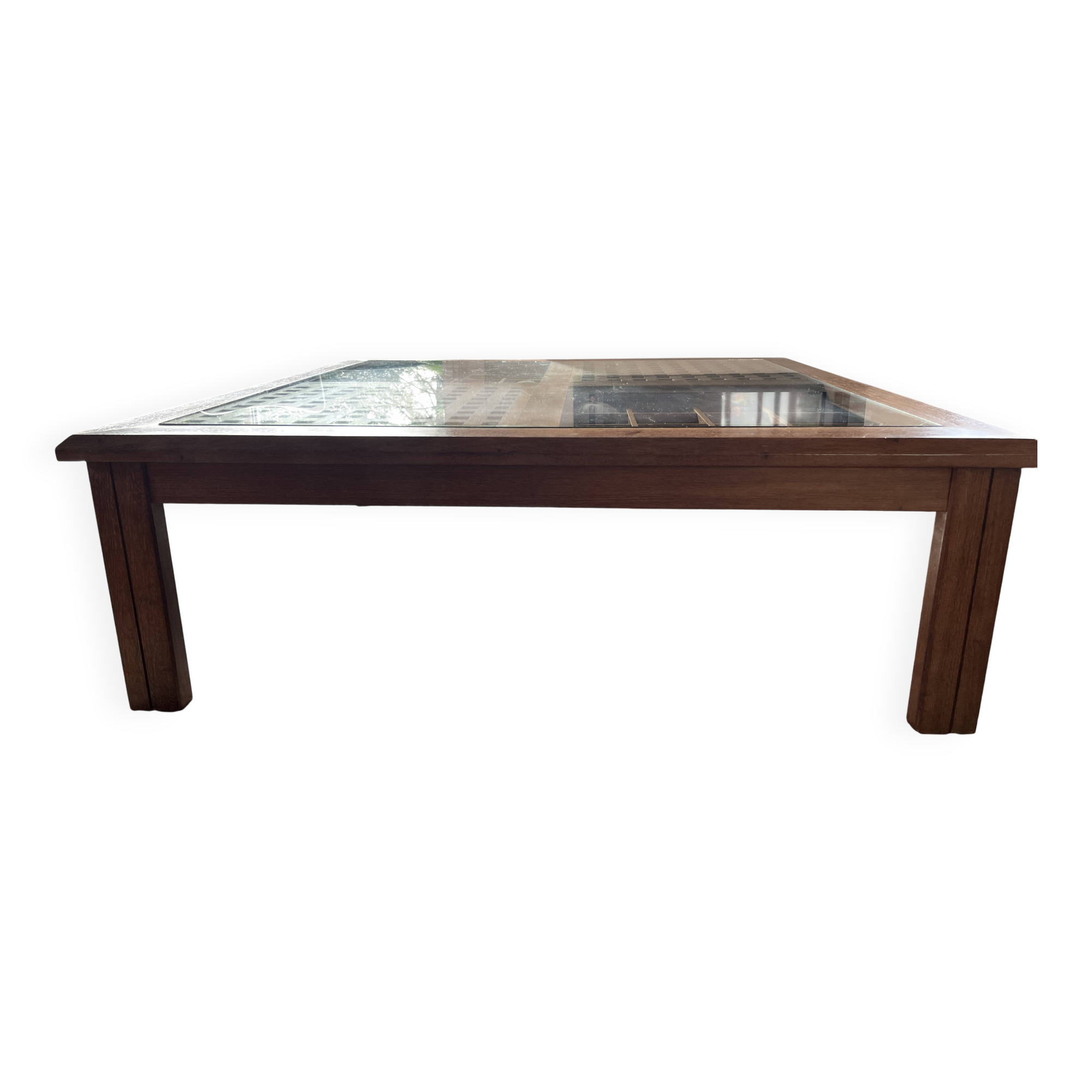 Large handcrafted coffee table in exotic wood + nesting tables.