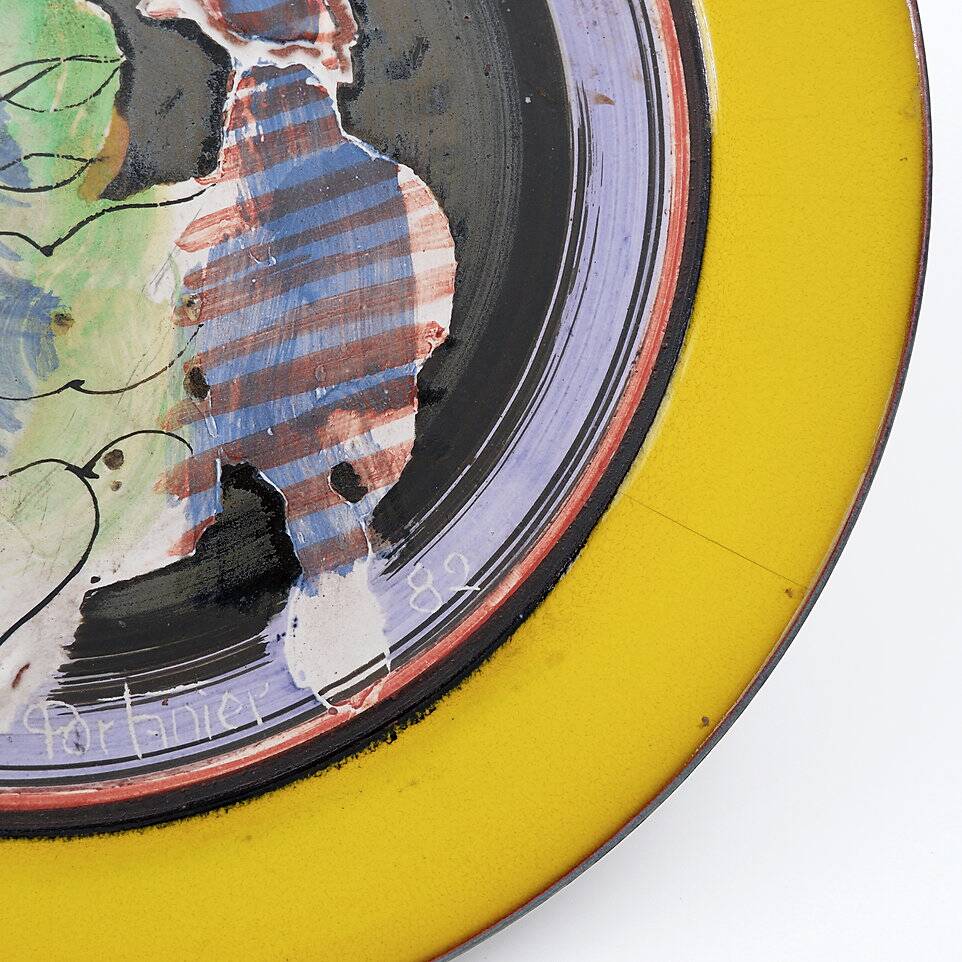 Gilbert Portanier Unique Art Yellow Pottery Plate Signed - 1982 - Vallauris
