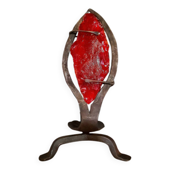 Lampe brutaliste en fer forgé et verre 1960
