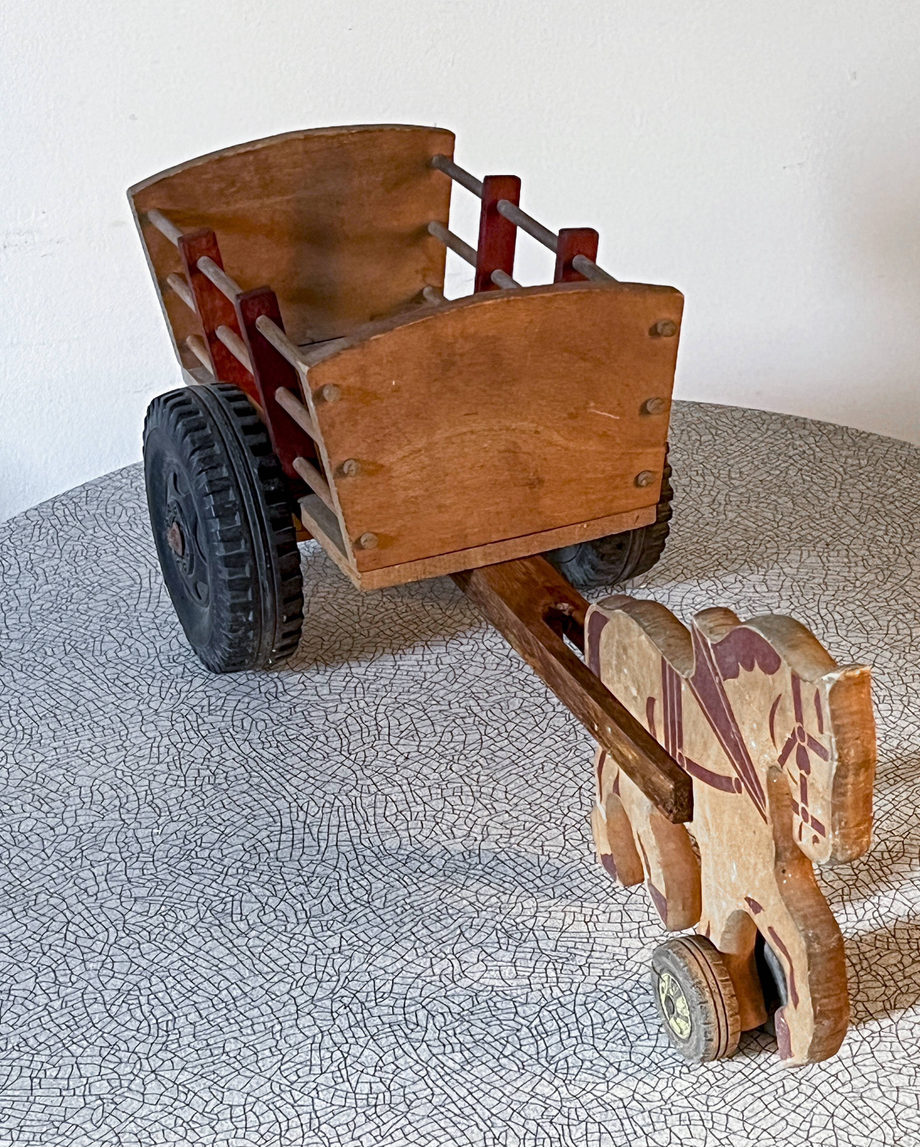 Antique wooden pull-along toy, horse and cart, 1960s
