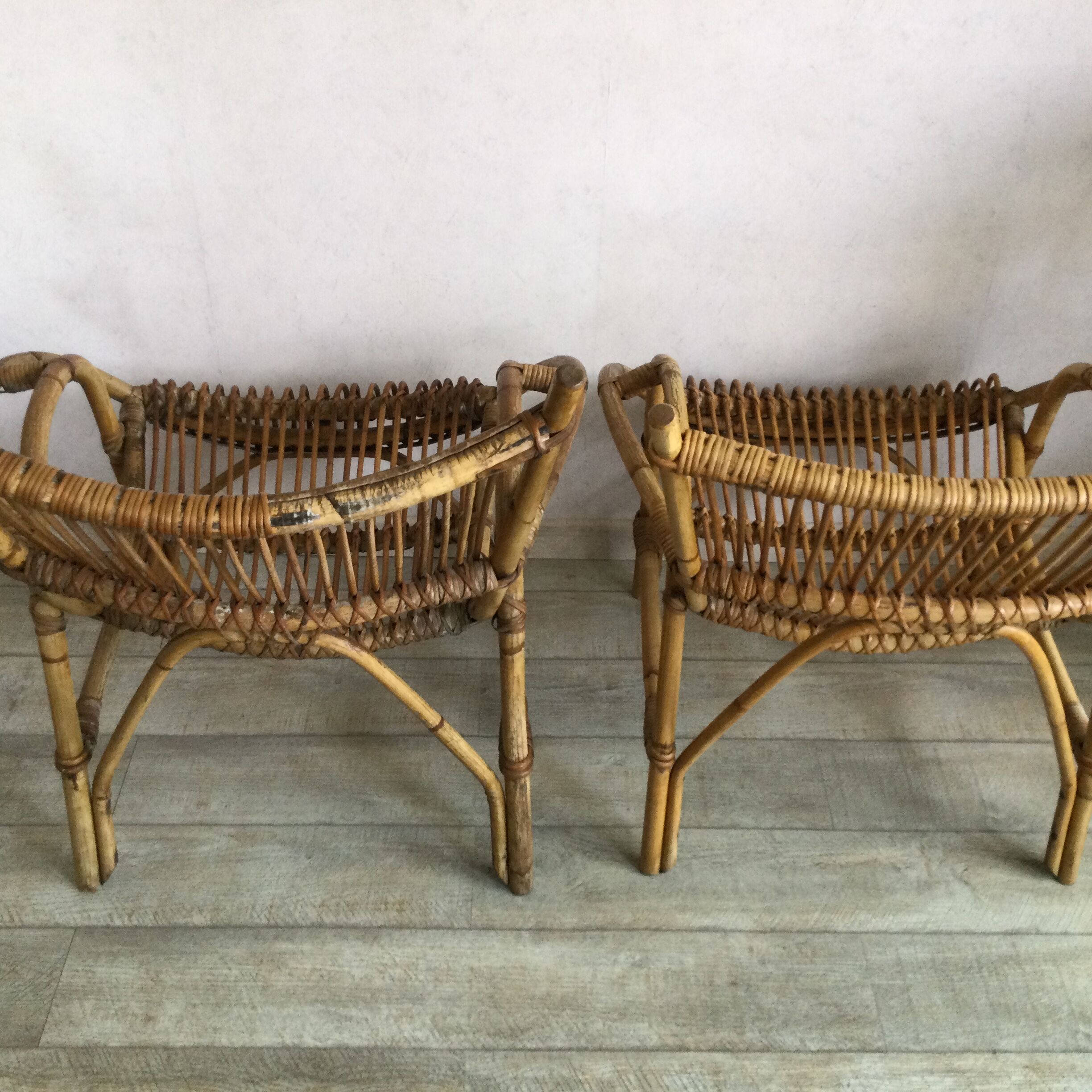 Pair of rattan and bamboo armchairs 50s/60s
