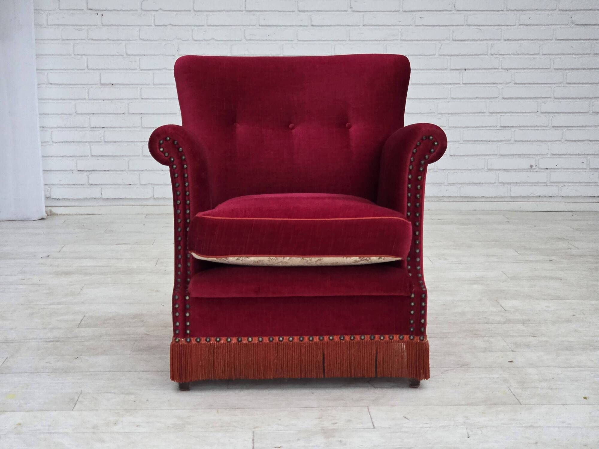 1970s, Danish armchair, furniture velour, ash wood legs.