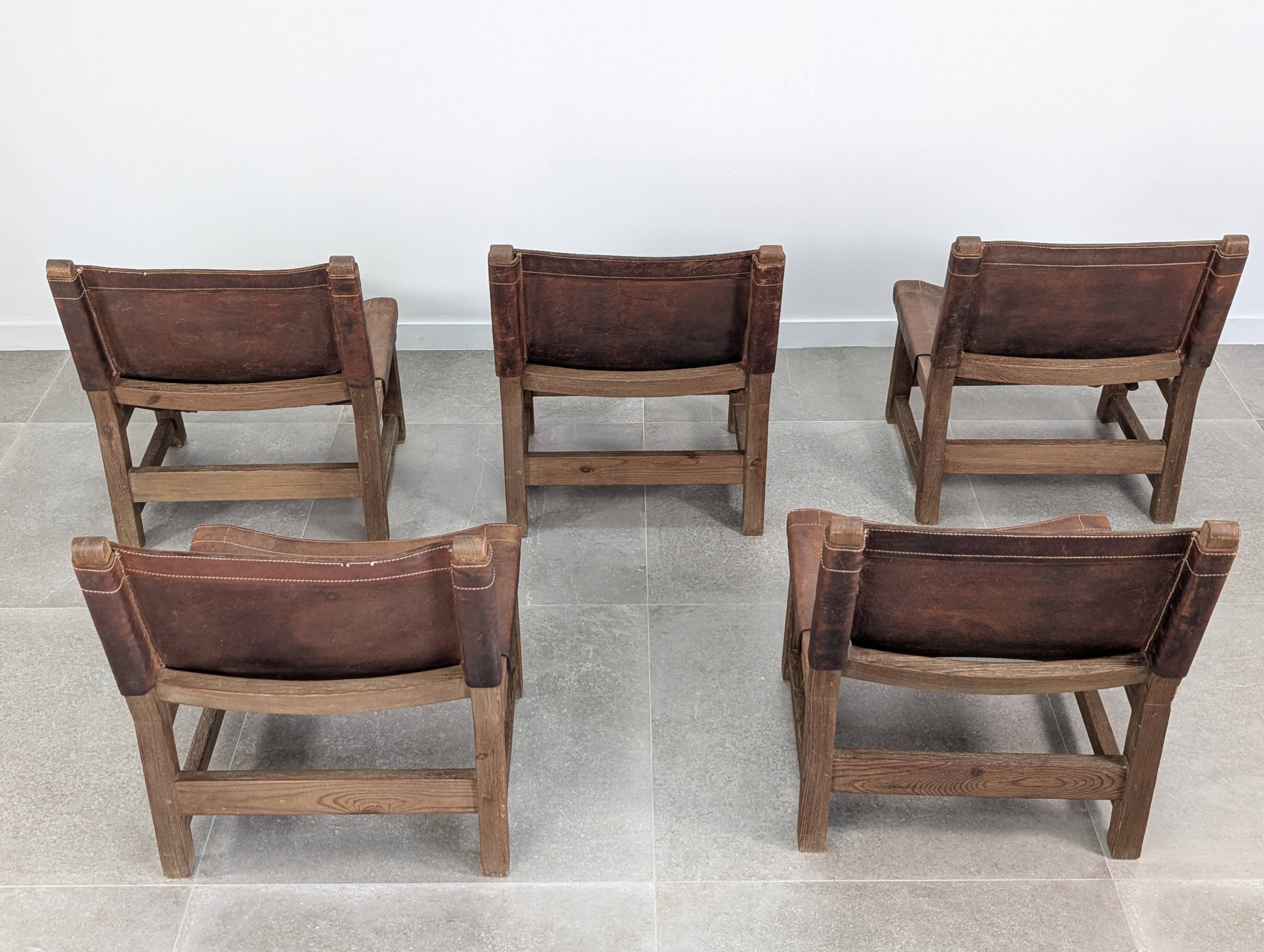 Set of 5 Spanish Leather and Oak Chairs