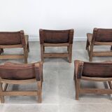 Set of 5 Spanish Leather and Oak Chairs