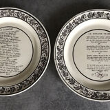 Set of 6 antique plates in fine earthenware with printed decoration of grisailles and poems