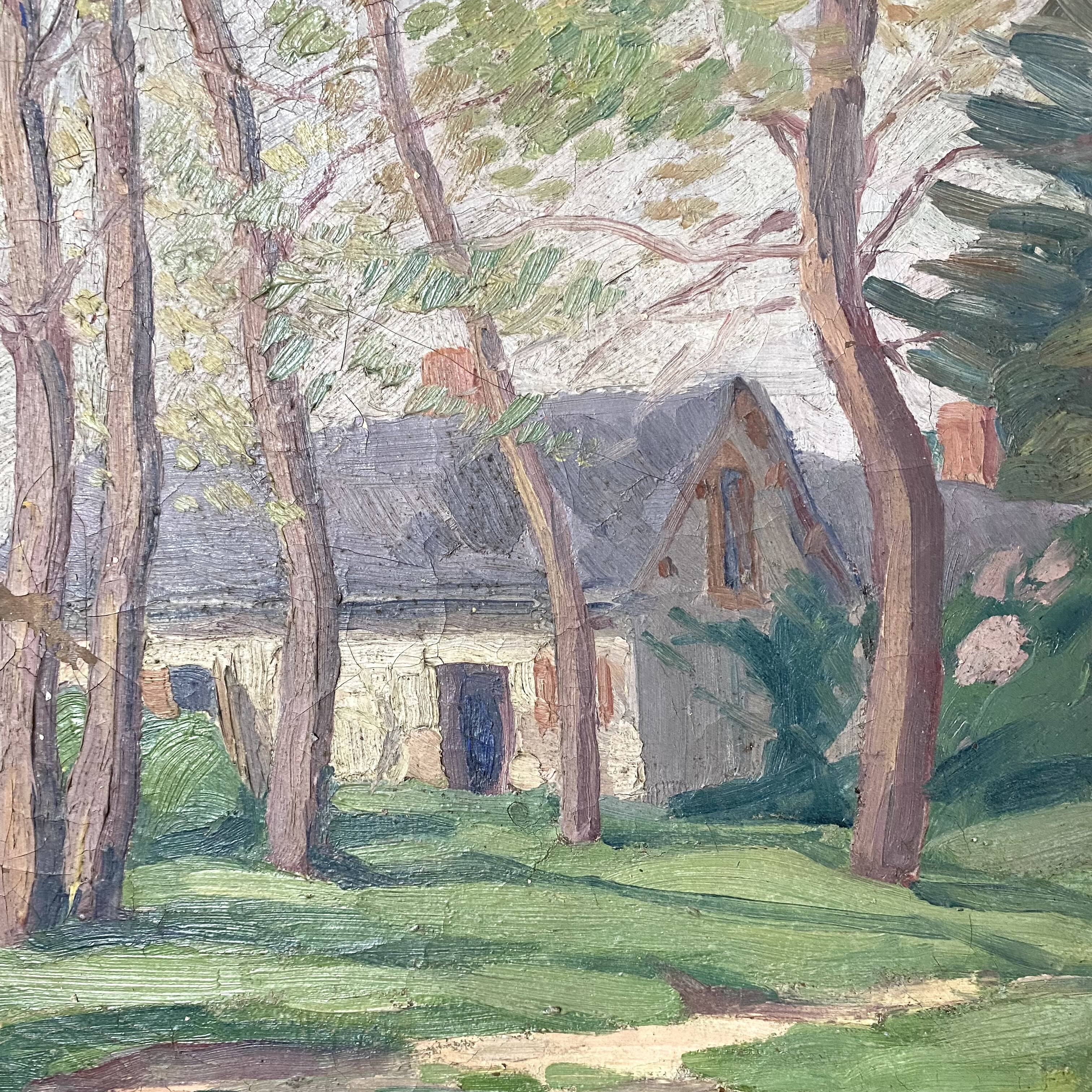 Old oil on canvas, wooded landscape with house, gilded frame.